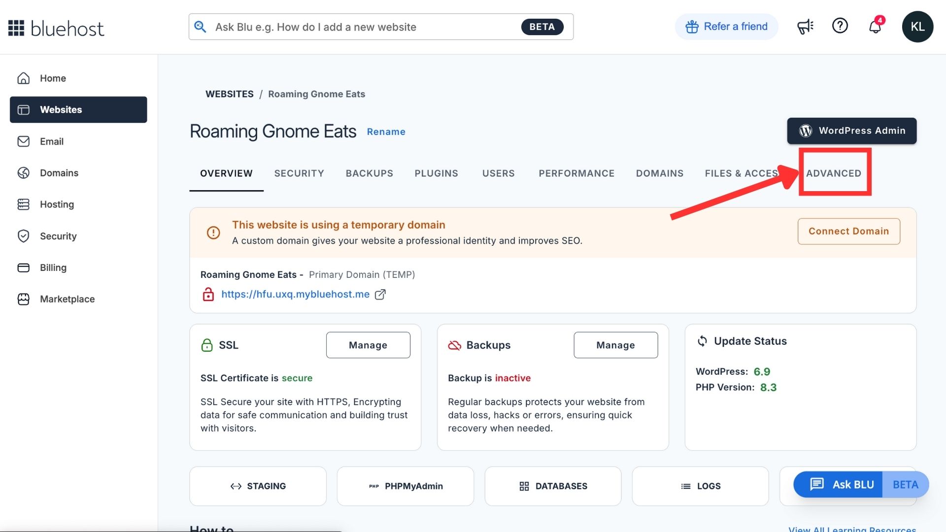 advanced bluehost website settings
