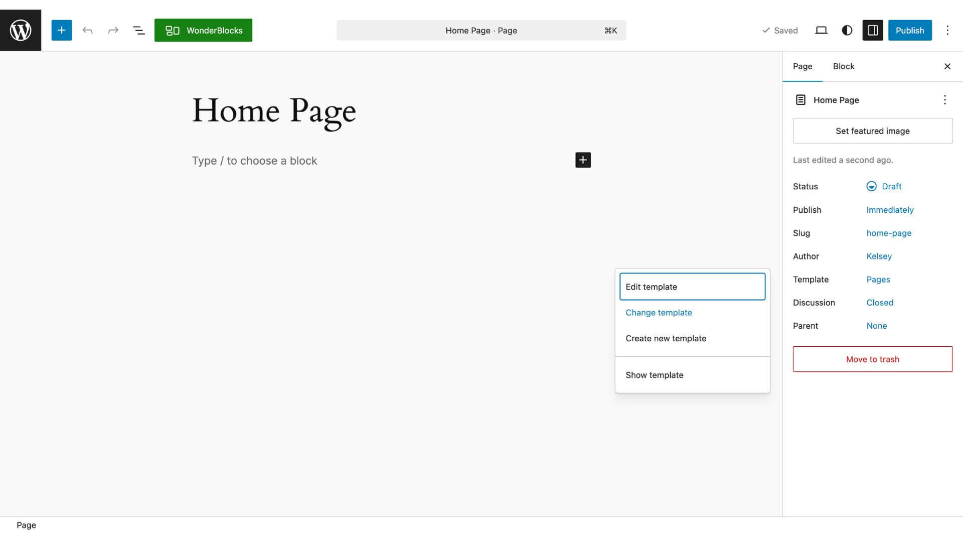 changing wordpress page template