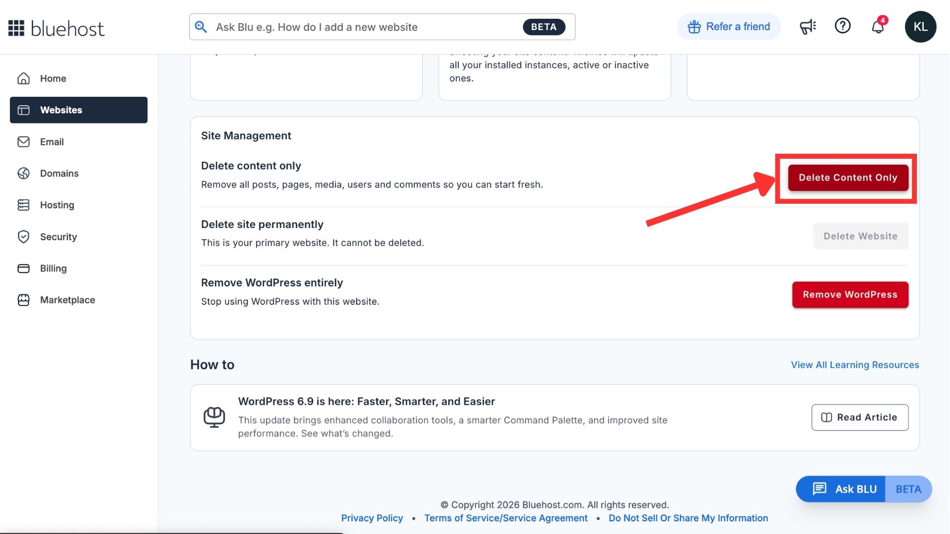delete wordpress content