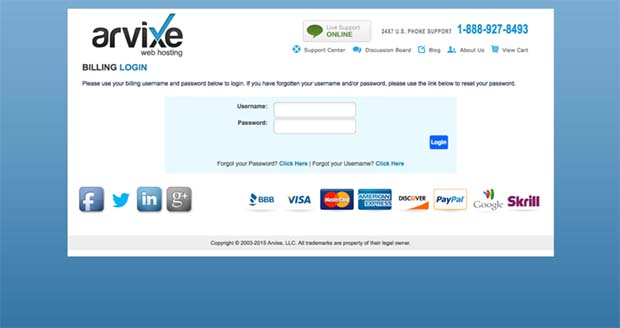 Arvixe Customer Portal login page