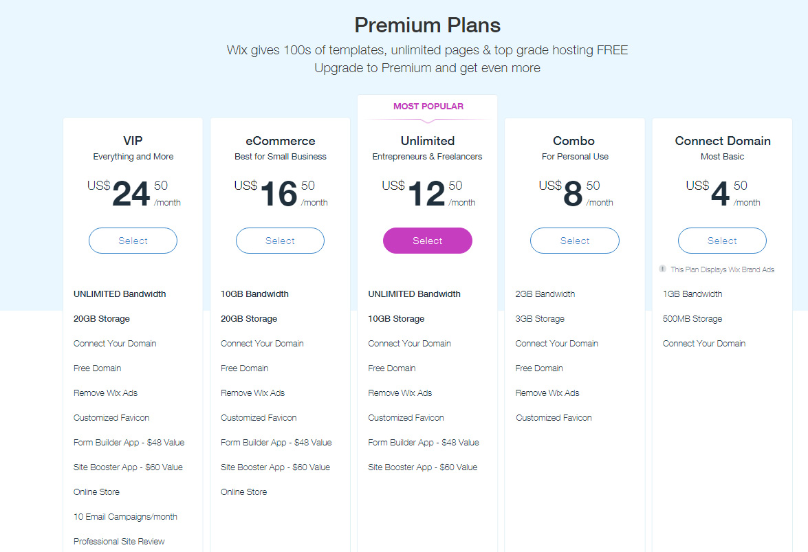 Wix premium plans pricing table