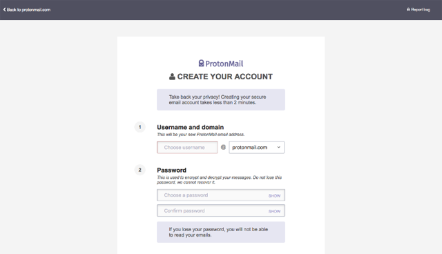 ProtonMail Signing up