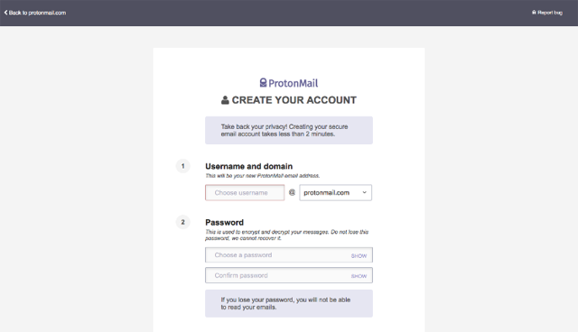 sign up for protonmail