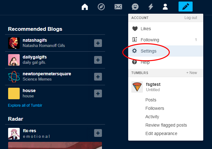 where is the settings icon in Tumblr pc