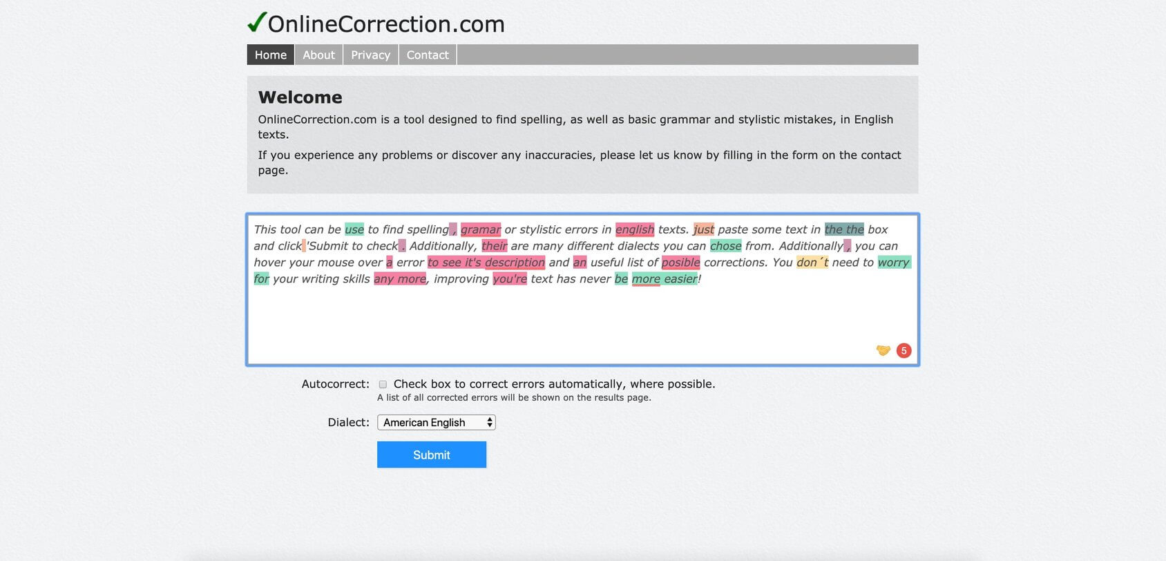 página de inicio de la herramienta de corrección en línea