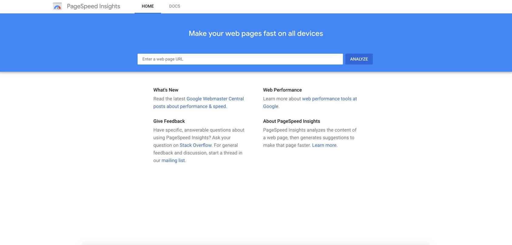 PageSpeed Insights homepage