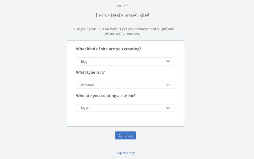 Bluehost create a website step 1