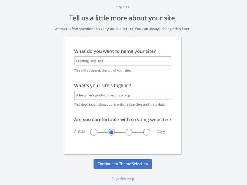 Bluehost create a website step 3