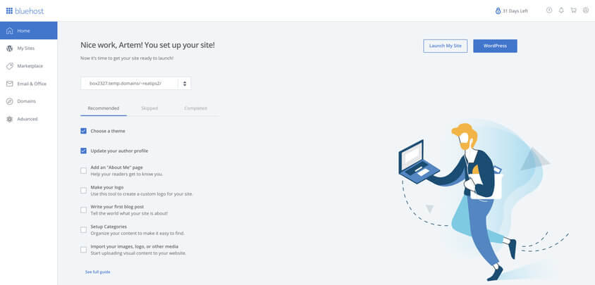 Bluehost hosting account panel