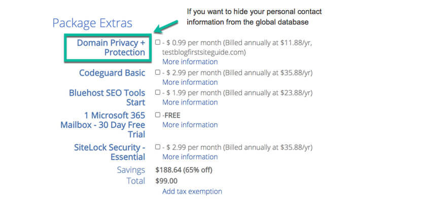 Bluehost package extras