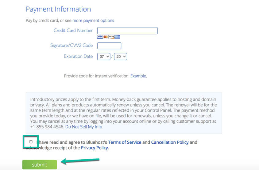 Bluehost payment information