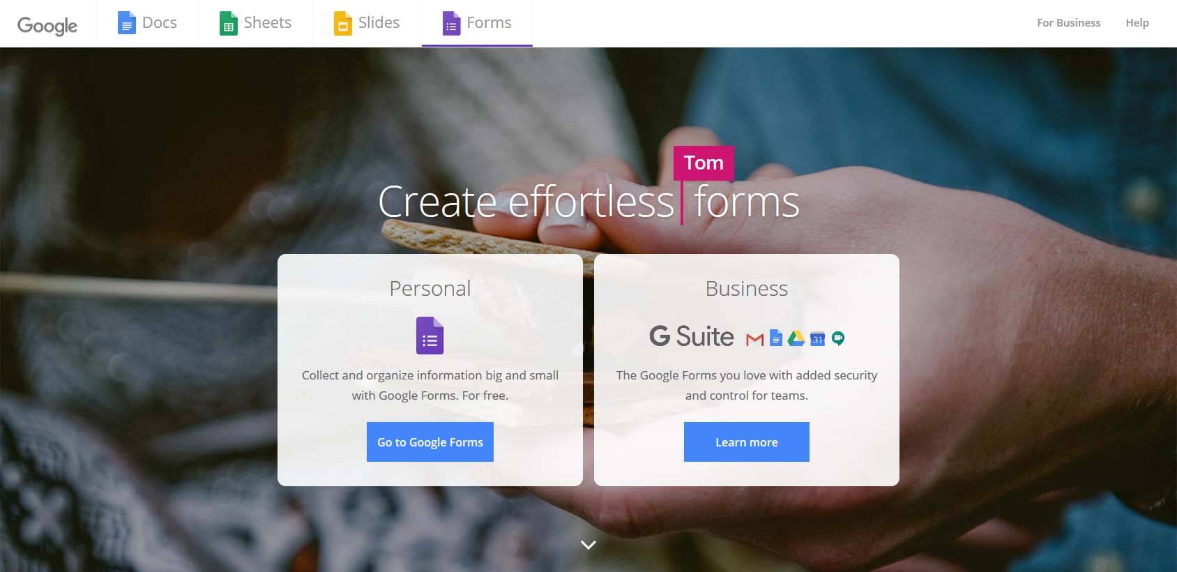 Google Forms homepage