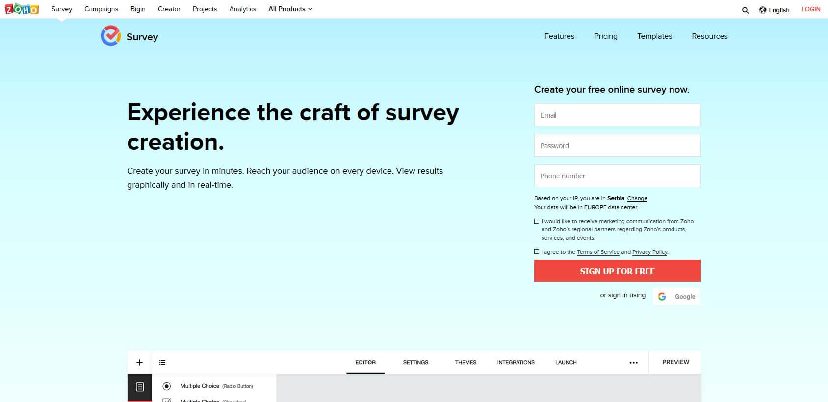 Zoho Survey homepage