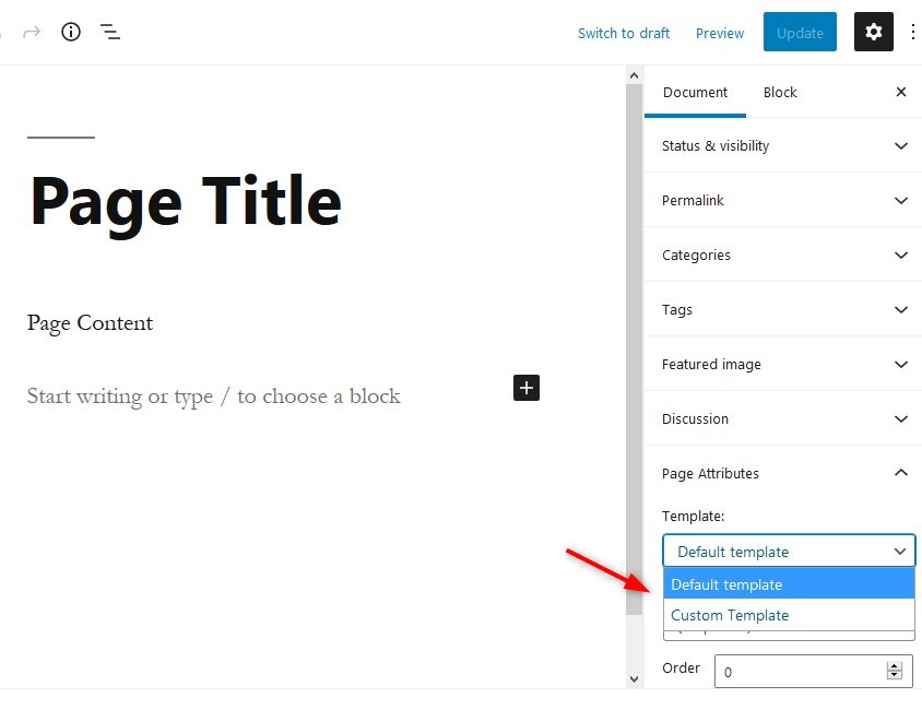 Change page template in the Gutenberg editor