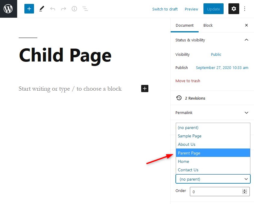 Create child page in Gutenberg editor