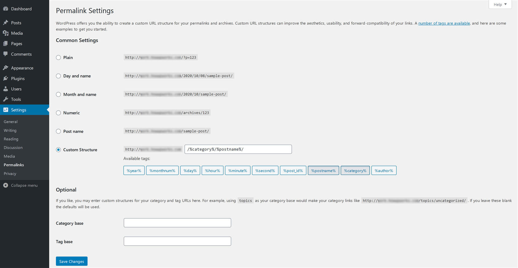 Permalinks settings screen