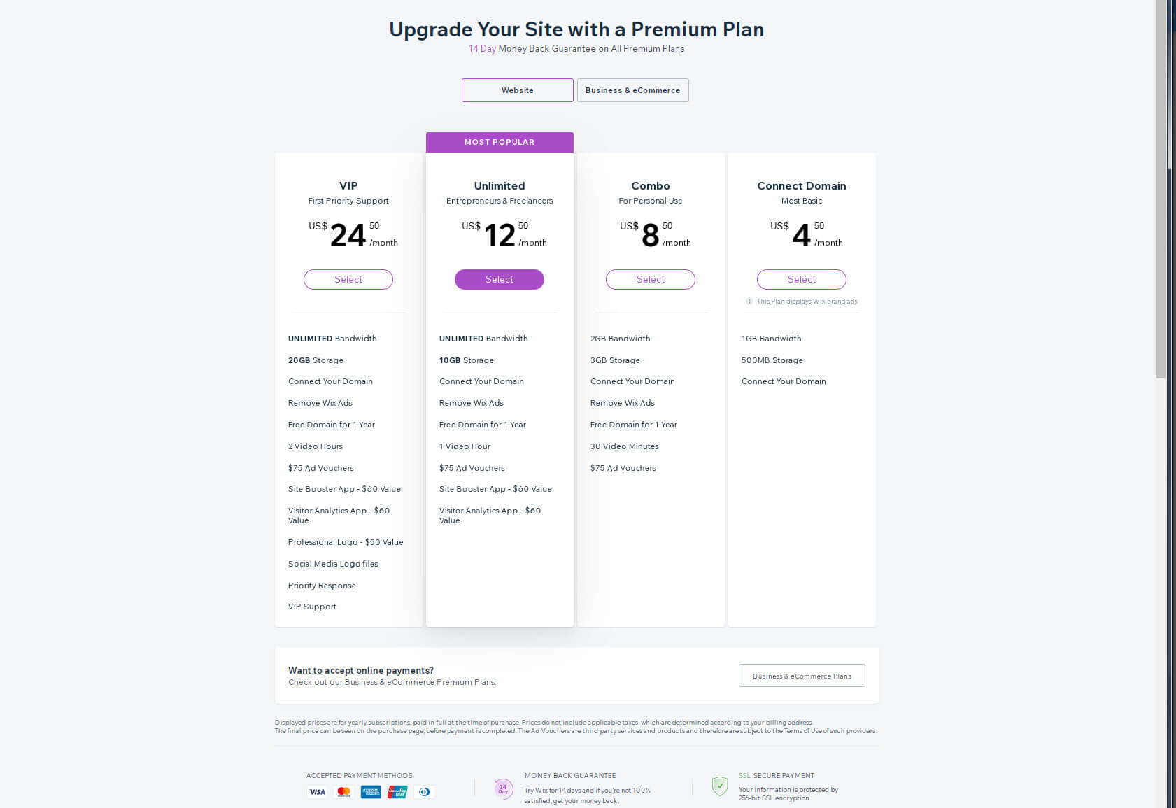 Wix pricing plans