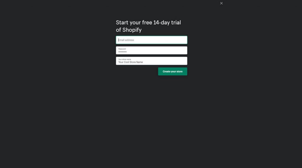 shopify free trial page