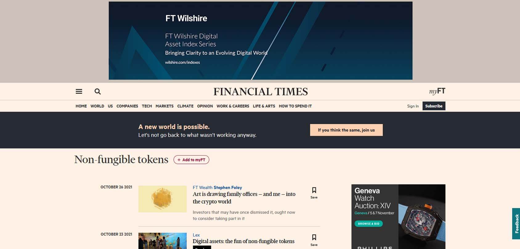 Financial Times NFT Homepage
