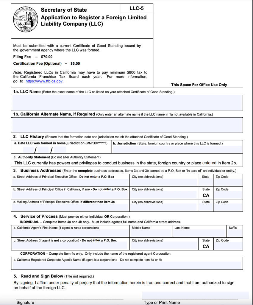 california foreign llc registration form