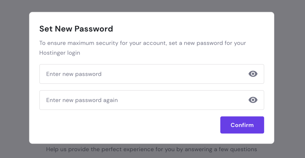 hostinger account password setup screen