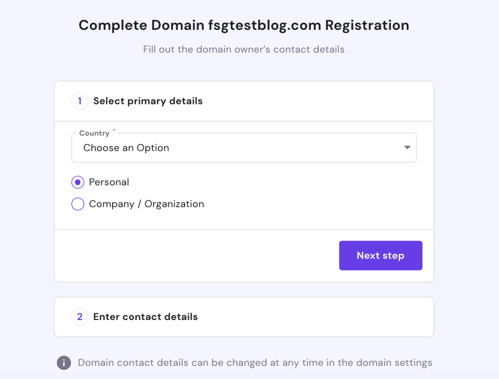 hostinger domain registration screen