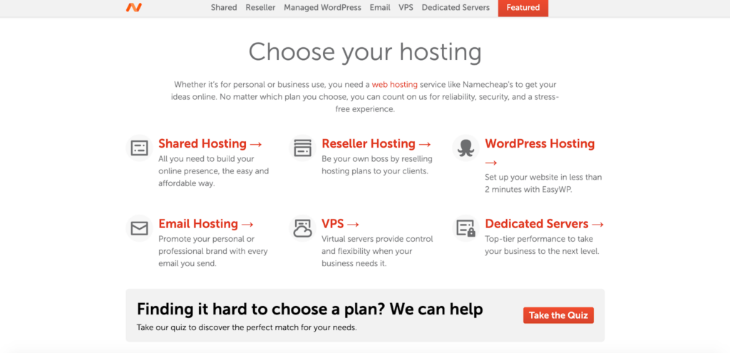 namecheap hosting types