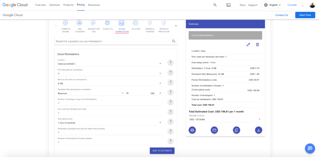 Google Cloud Pricing Calculator Estimate