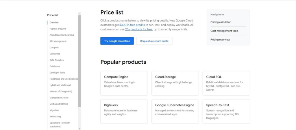 google cloud pricing list
