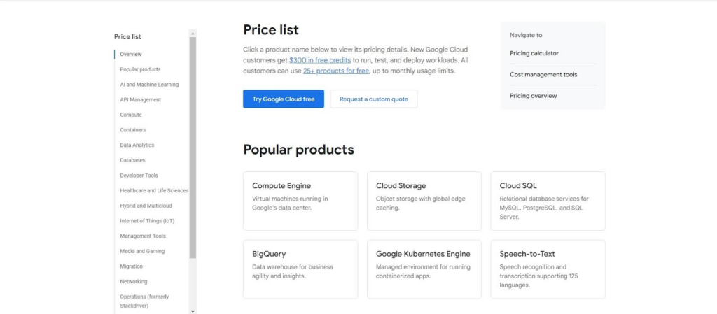 google cloud pricing list