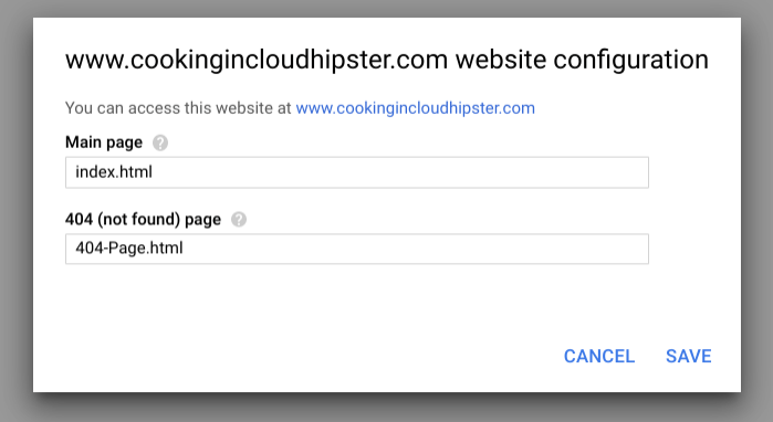 Google Cloud index and error page settings
