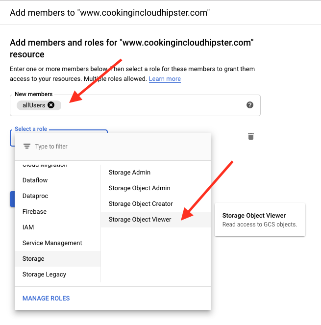 Google Cloud select allUsers with Storage Object Viewer
