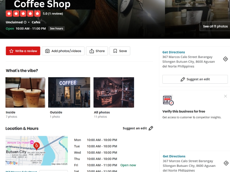 Screenshot of a completed Yelp business profile showing name, photos, hours, and categories.