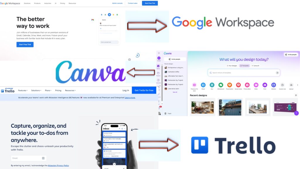 Affordable tech equipment for entrepreneurs who work Affordable productivity software tools for entrepreneurs, including Google Workspace, Canva and Trello.