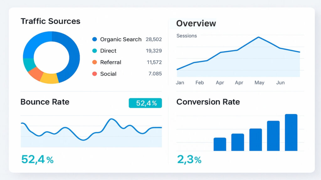 Example of analytics dashboard, example of the performance of website performance metrics such as traffic sources and conversions.