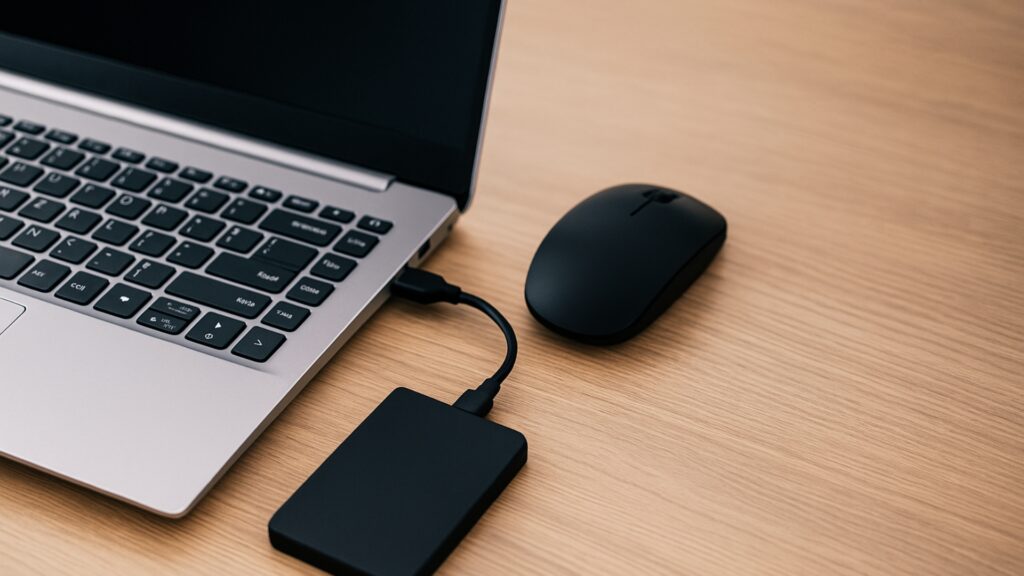 Affordable tech equipment for entrepreneurs who work Budget-friendly laptop with external SSD and wireless accessories for entrepreneurs.