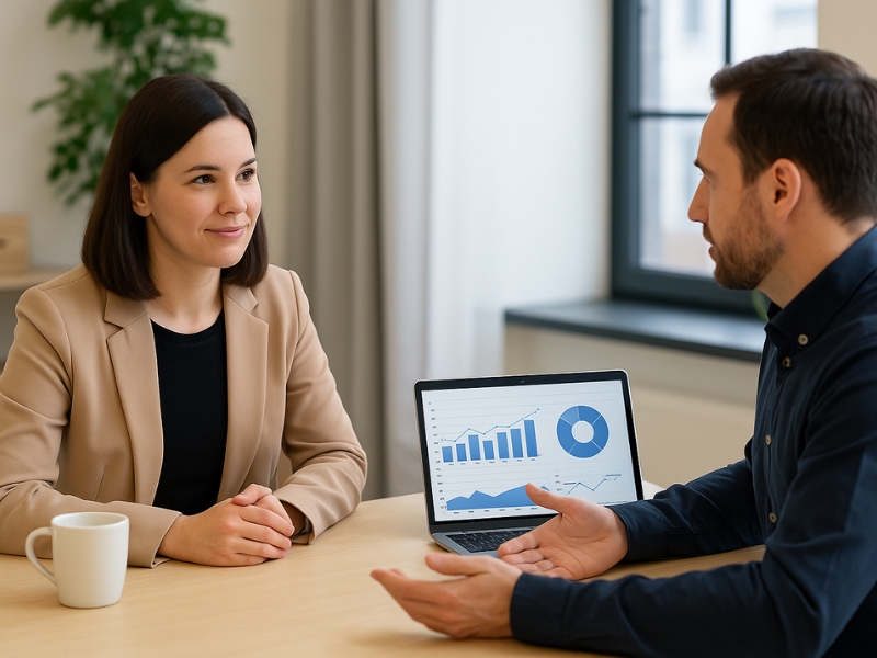 Should you hire a local SEO consultant or go DIY? Meeting of the business owner with the SEO consultant who reviews local marketing strategies.