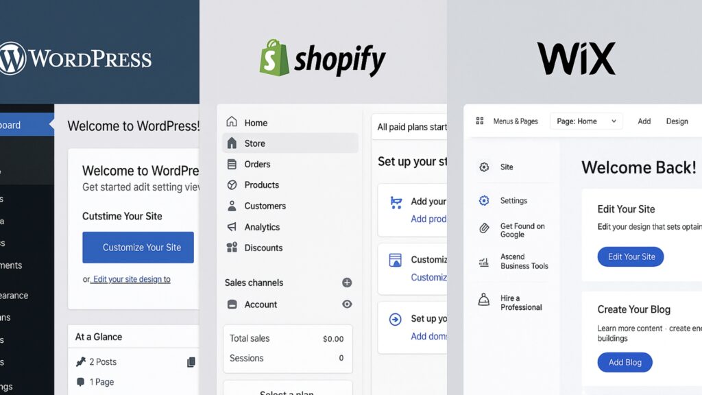 Must-have tools to start an online business Comparison of website builders: WordPress, Shopify and Wix interfaces