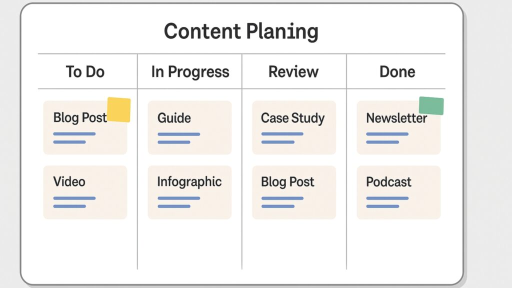 Content planning card with tasks organized in priority levels for blog and funnel improvements.