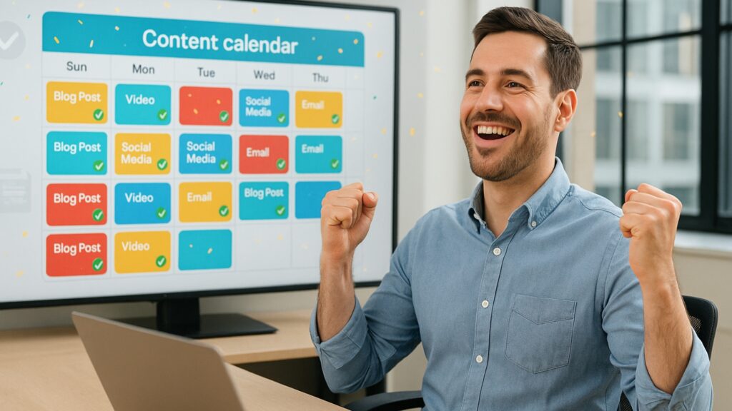 The male digital marketer celebrates with raised fists in the modern office and smiled in the colorful content calendar on the screen with the blog post, video, social media and e -mail.