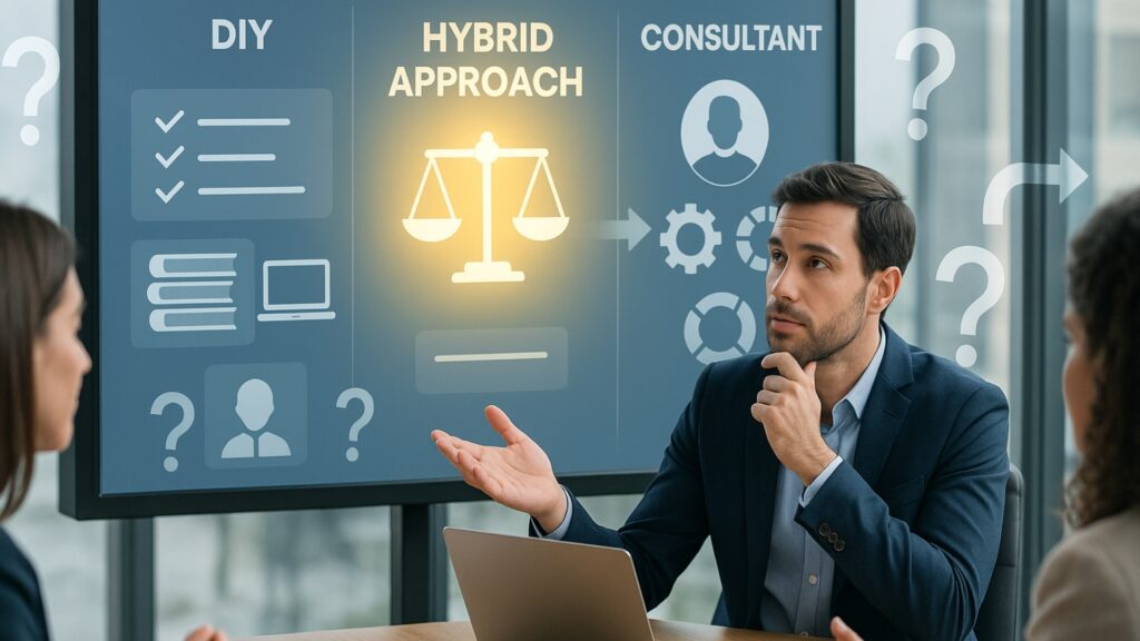 Should you hire a local SEO consultant or go DIY? The male digital marketer in a modern office analyzes DIY, hybrid approach and consultant options on the digital screen.