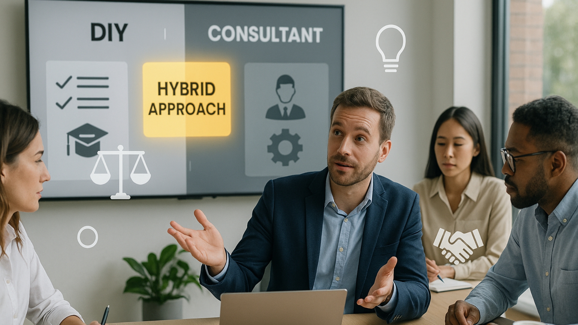 Should you hire a local SEO consultant or go DIY? The male digital marketer leads a team meeting in the modern office, in which DIY, consultant and hybrid approach strategies are discussed, which are displayed on a digital screen with balance, light bulbs and hand shake symbols.