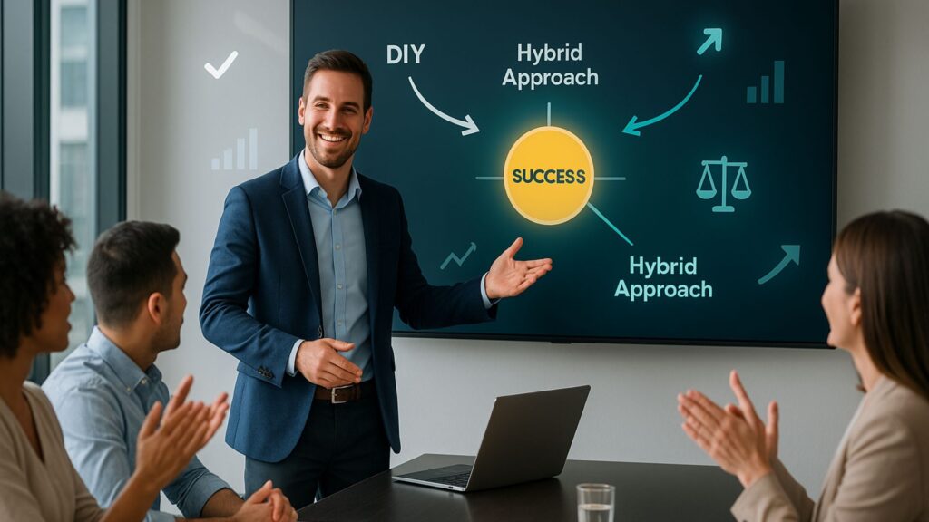 Should you hire a local SEO consultant or go DIY? The male digital marketer presents a strategy of success in the modern office with DIY, consultant and hybrid base paths on the screen, which leads to a bright icon that applauds.