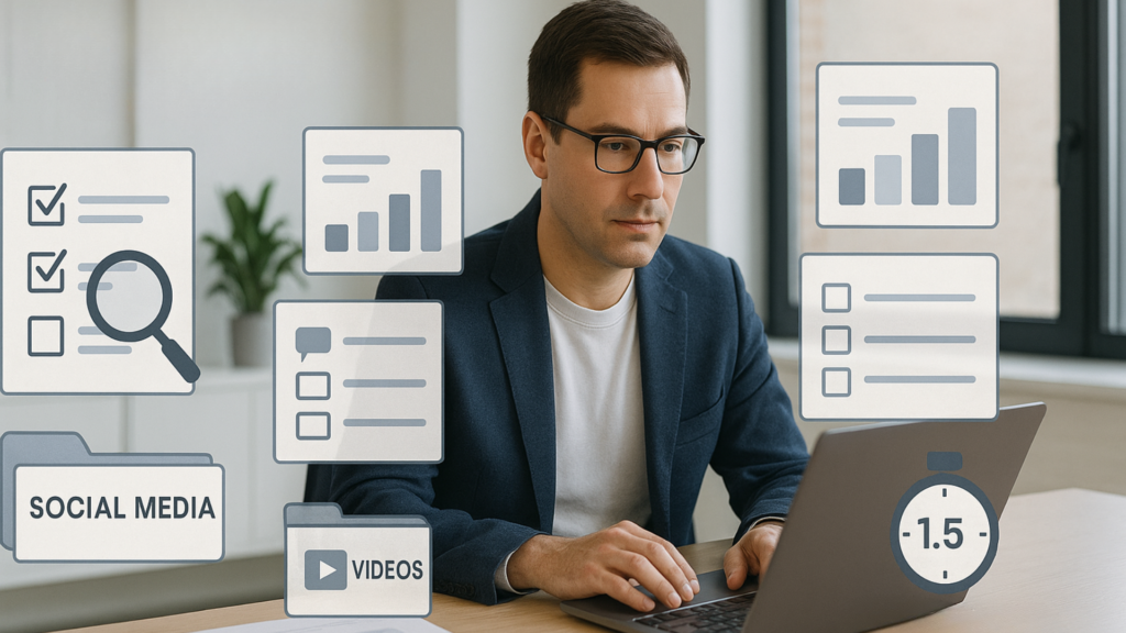 The male marketing test content on laptop with diagrams, checklists, blog posts, social media and videos in the modern office.