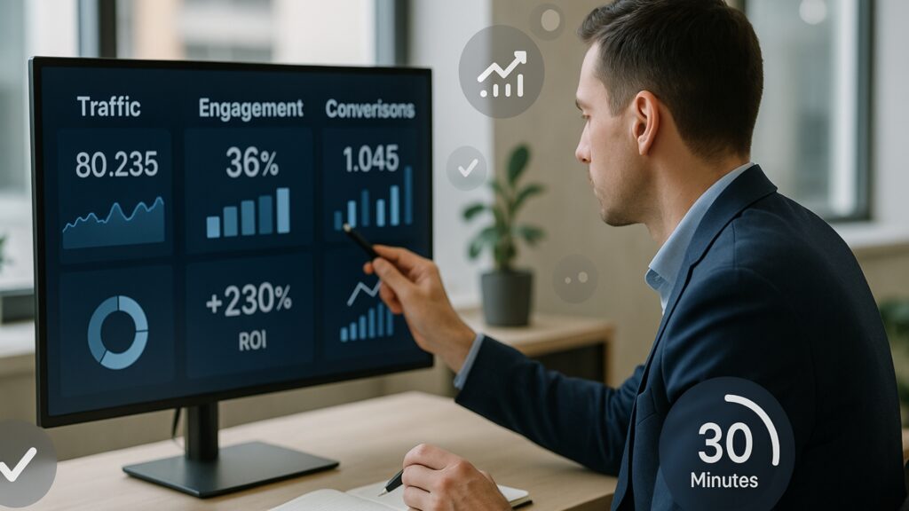 The male marketing strategist analyzes KPIS Dashboard with traffic, commitment, conversions and ROI metrics in a modern office, data-controlled business strategy.