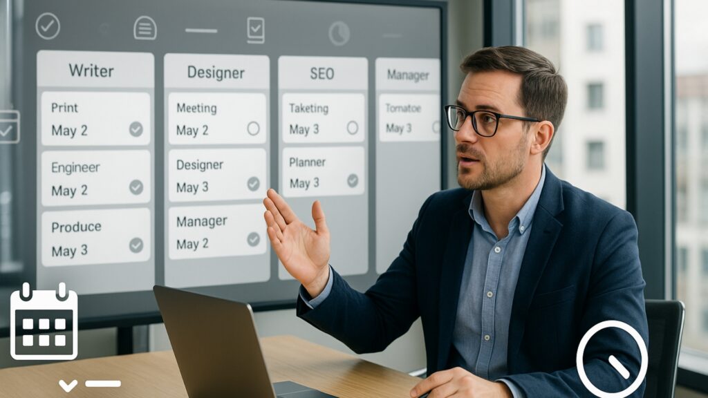 The male marketing team leader presents the digital taskboard with role author, designer, SEO and managers who assign appointments and responsibilities in the modern office.