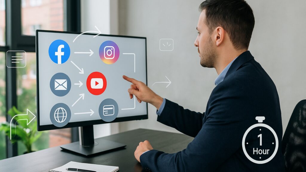 Professional male marketing strategists that select social media platforms for posts 