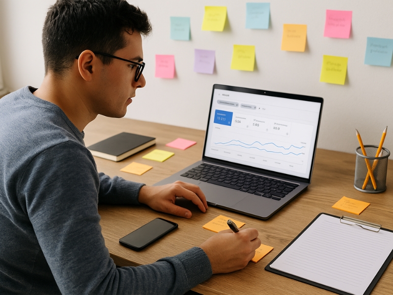 Should you hire a local SEO consultant or go DIY? SMALL Business owner analyzes the SEO dashboard in the management of local marketing tasks.