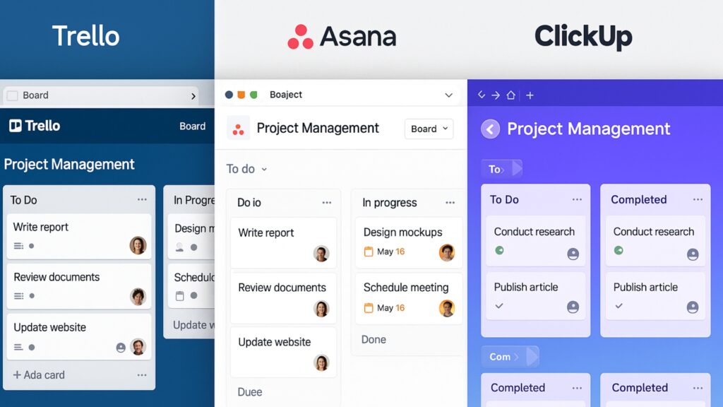 Must-have tools to start an online business Trello, Asana and Clickup Dashboards compared to the efficiency of project management.