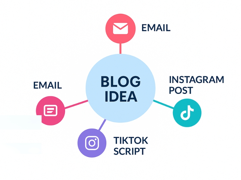 Visual of a blog idea that is branched into several content formats: E -Mail, Instagram contribution, Tikok -script and newsletter.